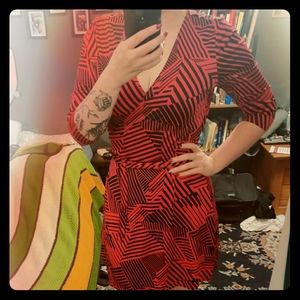 Red and black print wrap dress